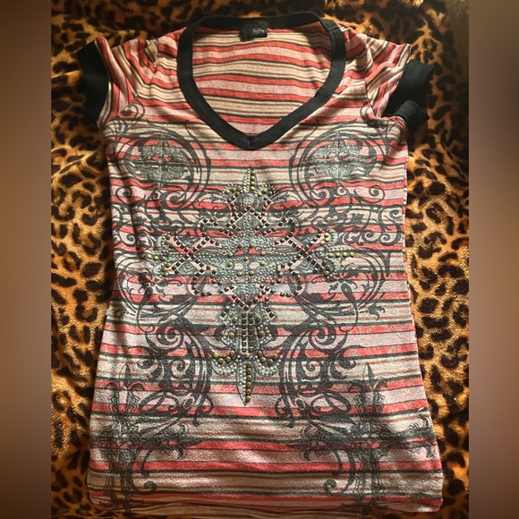 Pink and white striped Y2k baddazled short sleeve top - Picture 4 of 5